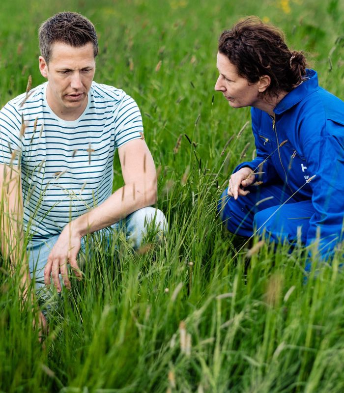 man en vrouw gehurkt in de wei